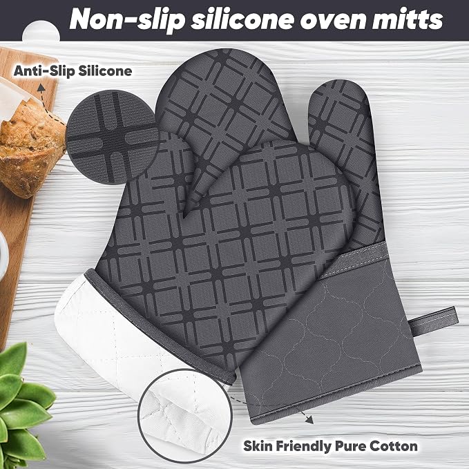 Oven Mitts and Pot Holders Set with Dishcloths, 500 Degree Heat Resistant Oven Gloves and Hot Pads, Premium Soft Cotton Kitchen Mittens and Dish Cloth Sets-Deep Grey