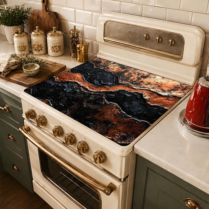 Black Gold Marble Stove Cover 28.3 x 20.5 Inches, Abstract Stove Top Protector, Heat Resistant Non Slip Glass Electric Stove Cover Board, Modern Luxury Kitchen Decor Mat (Black Brown)