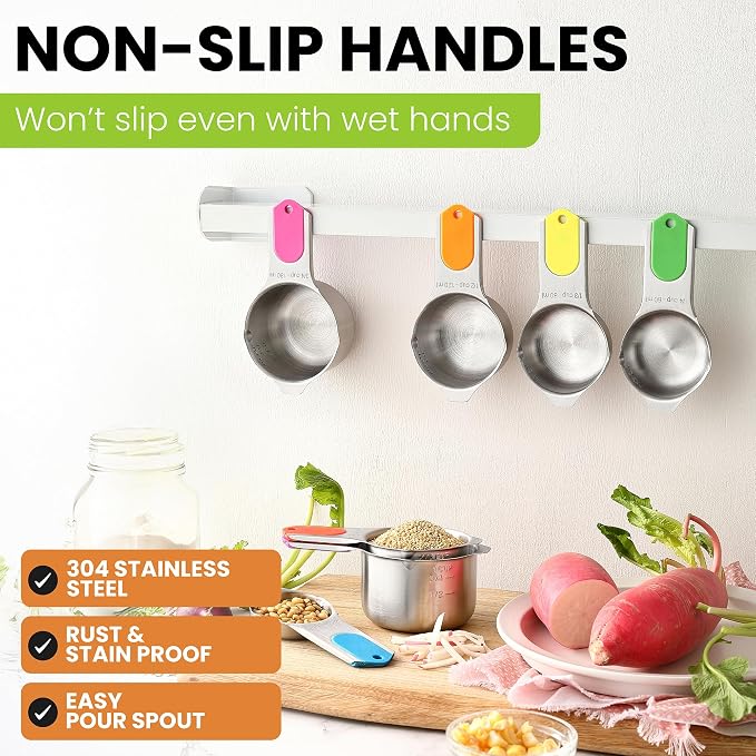 Spring Chef Magnetic Stainless Steel Measuring Cups Set of 7 Patented, Neon | Metal Measuring Cups for Measuring Dry or Liquid Ingredients, Easy to Read Markings, Dishwasher Safe Nesting Magnetic Cups