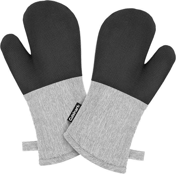 Cuisinart Chambray Kitchen Oven Mitts, Heat-Resistant, 2-Pack, 7"x13" | Non-slip neoprene palm grips up to 350°F, long cuff shields forearms, hang loop for storage, handles cast iron and grilling