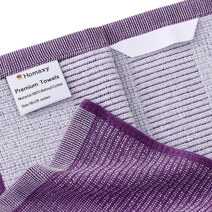 Homaxy 380 GSM Cotton Premium Kitchen Towels 6 Pack, 18"x 28", Purple | Flat and Terry Dish Towels, Highly Absorbent Tea Towel Set with Hanging Loop, Soft Utility Kitchen Hand Towels