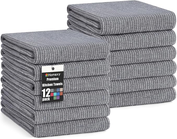Homaxy 380 GSM Cotton Premium Kitchen Towels 12 Pack, 18"x 28", Grey | Flat and Terry Dish Towels, Highly Absorbent Tea Towel Set with Hanging Loop, Soft Utility Kitchen Hand Towels