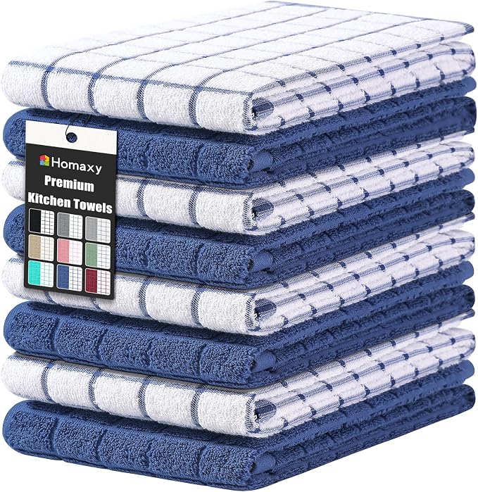 Homaxy Large Premium Cotton Kitchen Towels 16"x 28", 8 Pack, Navy Blue | Natural Ring Spun 390 GSM Dish Towels, Super Absorbent Terry Kitchen Hand Towels, Soft Tea Towels with Hanging Loop