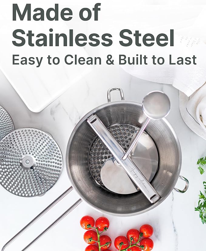 Hungry Artisan Stainless Steel Food Mill for Tomato Sauce & Canning | 3 interchangeable discs, ergonomic rotary hand crank; for applesauce, baby food, mashed potatoes & purees