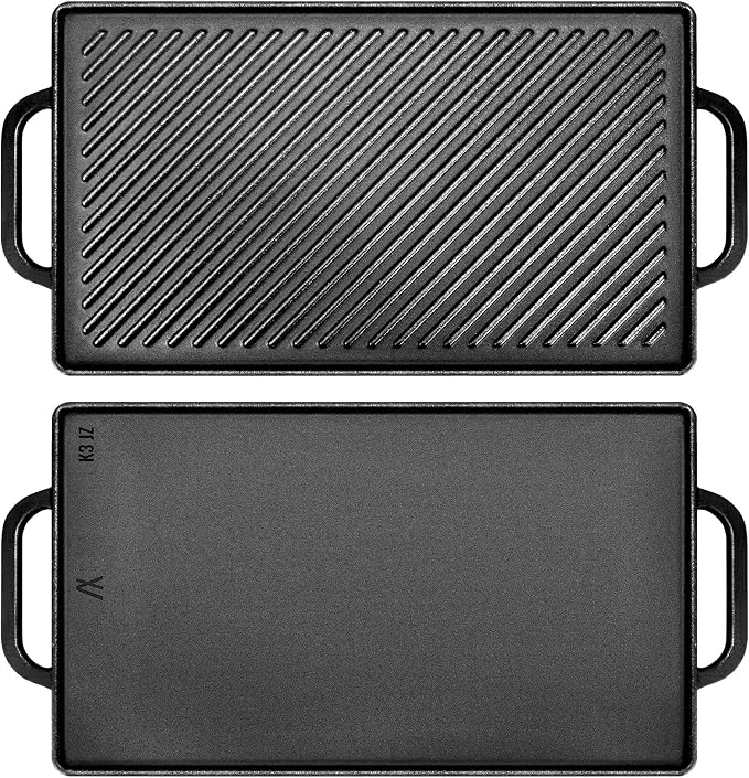 GGC Cast Iron Reversible Griddle | Double-sided Griddle Pan for Stove Tops and Gas Grills, 15"x 9" Griddle Plate with Flat and Ribbed Side for Cooking