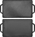 GGC Cast Iron Reversible Griddle | Double-sided Griddle Pan for Stove Tops and Gas Grills, 15"x 9" Griddle Plate with Flat and Ribbed Side for Cooking