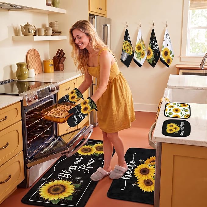 Tieshankao 10Pcs Sunflower Kitchen Decor Accessories Set | Sunflower Floral Theme, Kitchen Towels, Oven Mitts, Pot Holders, Rugs and Mats, Baking Supplies, Housewarming Gifts