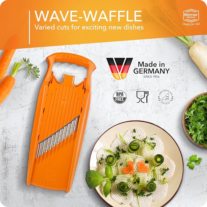 Börner Wave-Waffle PowerLine Crinkle Cut Vegetable Slicer (Orange) • Slicer for Wave & Waffle Cut • Wavy Vegetable Cutter • Slicer for Lattice Potatoes & Chips • Wavy Potato Slicer