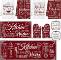 10 Pcs Kitchen Decor and Accessories Set, Retro Farmhouse | Baking Red Burgundy 4 Dish Towels Kitchen Rugs 2 Oven Mitts 2 Pot Holders, Home Decor for Cooking Baking BBQ Housewarming
