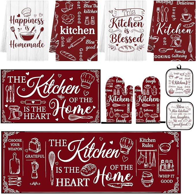 10 Pcs Kitchen Decor and Accessories Set, Retro Farmhouse | Baking Red Burgundy 4 Dish Towels Kitchen Rugs 2 Oven Mitts 2 Pot Holders, Home Decor for Cooking Baking BBQ Housewarming