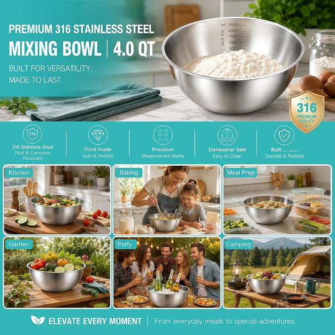 Stainless Steel Mixing Bowls Set of 3, 1.5/2.5/4 Qt Metal Mixing Bowl Set for Baking, Salad, Cooking & Meal Prep, Nesting Stainless Steel Bowls with Measurement Marks, Dishwasher Safe