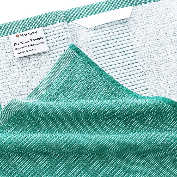Homaxy 380 GSM Cotton Premium Kitchen Towels 6 Pack, 18"x 28", Green | Flat and Terry Dish Towels, Highly Absorbent Tea Towel Set with Hanging Loop, Soft Utility Kitchen Hand Towels