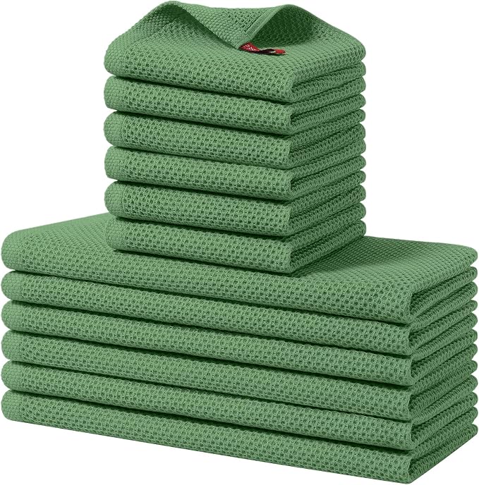 Homaxy 12 Pack 100% Cotton Kitchen Towels and Dishcloths Set, Grass Green | 12 x 12 Inches and 13 x 28 Inches Kitchen Towels Set, Ultra Soft Absorbent Dish Cloths for Washing Dishes