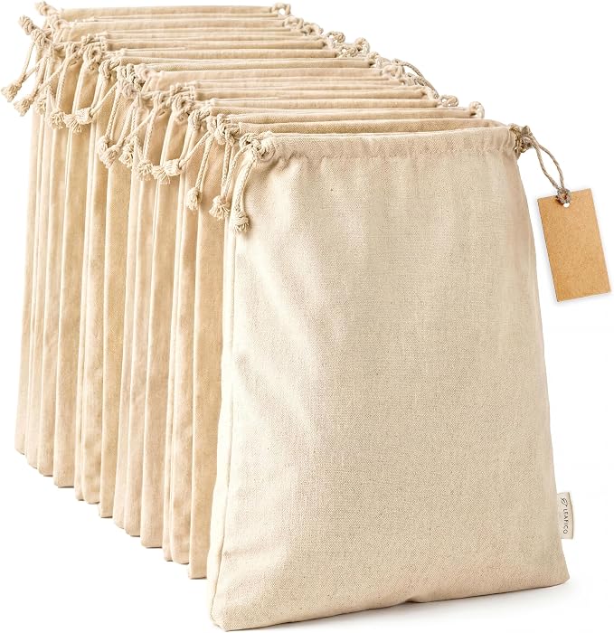 Multipurpose Eco Cloth Bags - Large 10x12 Inch (12 Pack) - Cotton Produce Storage Sacks - Muslin Drawstring Pouches for Vegetables - Bread Bags - Fabric Sachets