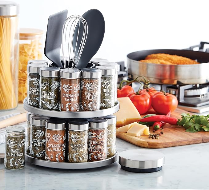 Kamenstein Salem 20-Jar Rotating Spice Rack with Spices Included, Stainless Steel Countertop Organizer with Sifter Caps and Tool Caddy, Spice Set for Kitchen Organization