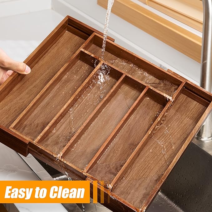 Acacia Silverware Organizer Kitchen Drawer Organizer Expandable Bamboo Utensil Holder Cutlery Tray for Kitchen Utensil and Flatware Bedroom Office