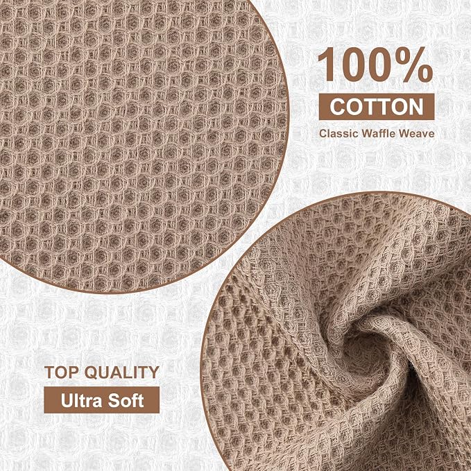 Kitinjoy 100% Cotton Waffle 8-Pack Kitchen Towels, 12" x 12", Tan | Ultra Absorbent, Super Soft, lightweight, Quick Drying Dish Rags for Washing Dishes