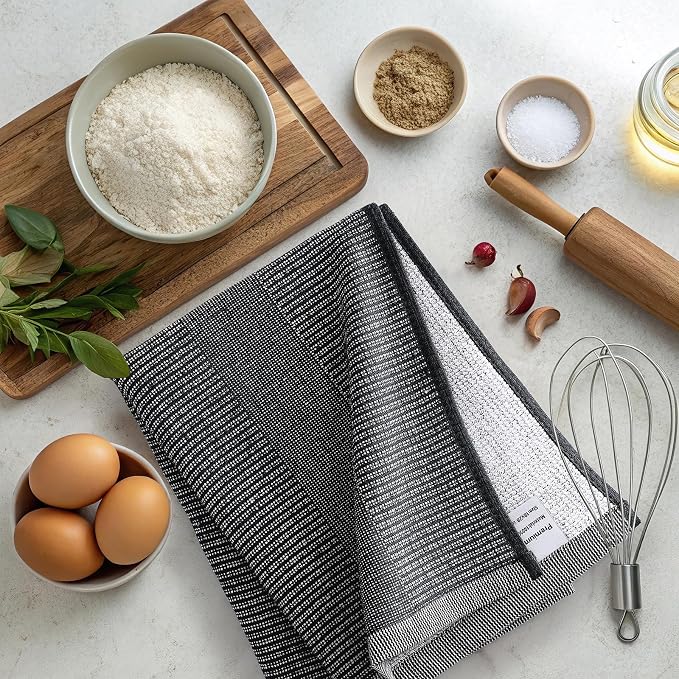 Mordimy Cotton Kitchen Towels (18"x 28", 6 Pack), Navy Blue/Khaki/Black | 100% Ring Spun Cotton, Super Absorbent, 380 GSM, Flat & Terry, Soft, Hanging Loop Dish Towels