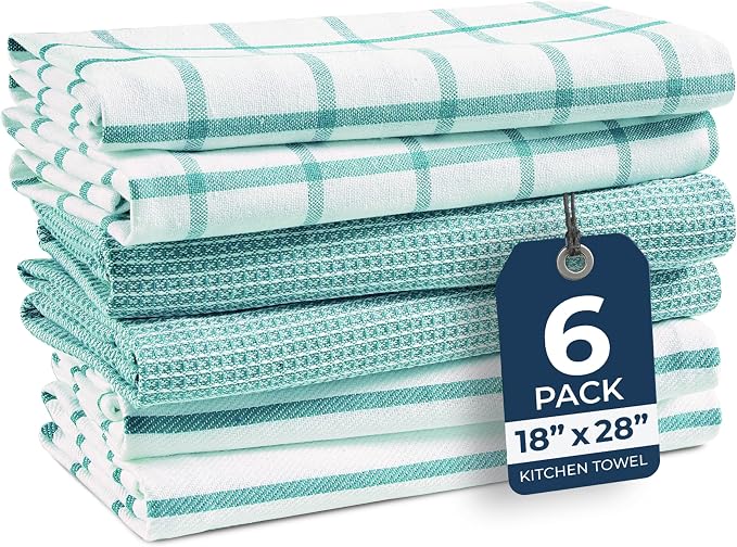 LANE LINEN Cotton Kitchen Towels and Dish Cloths Set, 6-Pack – Absorbent, Quick-Drying Dish Towel, 18" x 28", Soft, Premium Hand and Tea Towels - Aqua