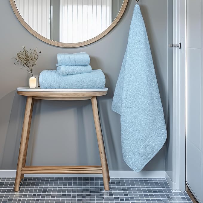 8 Piece Towel Set, 2 XL Bath, 2 Hand, 4 Washcloth, Sky Blue | 100% Cotton, Lighter Weight, Quicker to Dry, Super Absorbent, Perfect for Bathroom