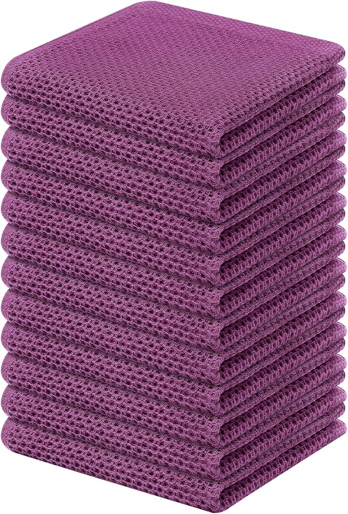 Kitinjoy 100% Cotton Waffle 12-Pack Kitchen Towels, 12" x 12", Violet | Ultra Absorbent, Super Soft, lightweight, Quick Drying Dish Rags for Washing Dishes