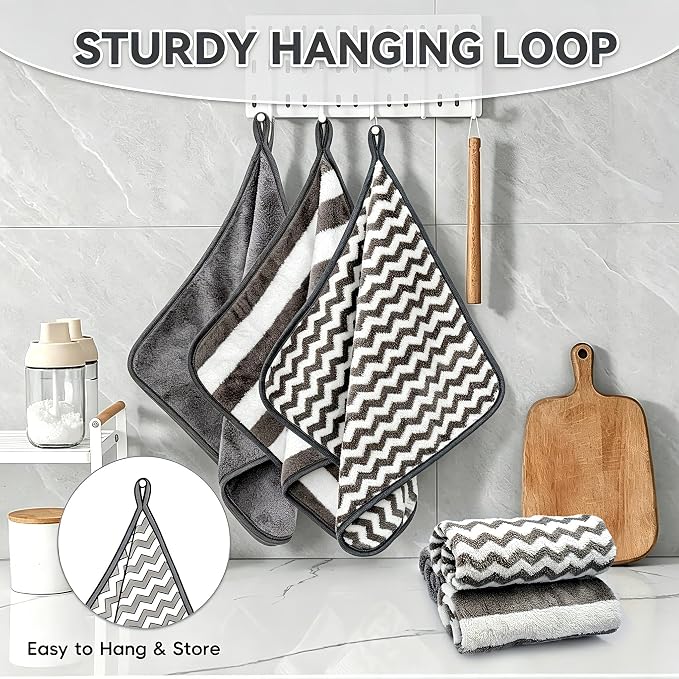 Microfiber Cleaning Cloths, 6 Pack Gray Kitchen Towels | 12x12 Inch, Ultra Soft Absorbent, Lint Free Dish Towels with Hanging Loop, Reusable for Kitchen, Car & Household