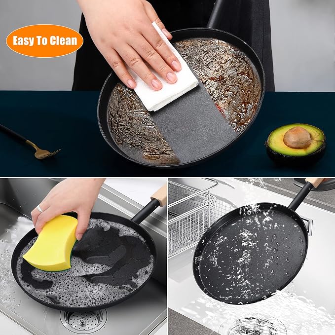 bodkar 8-inch Frying Pan Skillet Flat Crepe Pan, Lightweight Grill Pan with Wooden Handle for Camping Indoor Outdoor Cooking | Lightweight Grill Pan with Wooden Handle for Camping Indoor Outdoor Cooking (Black, #1 8-inch)