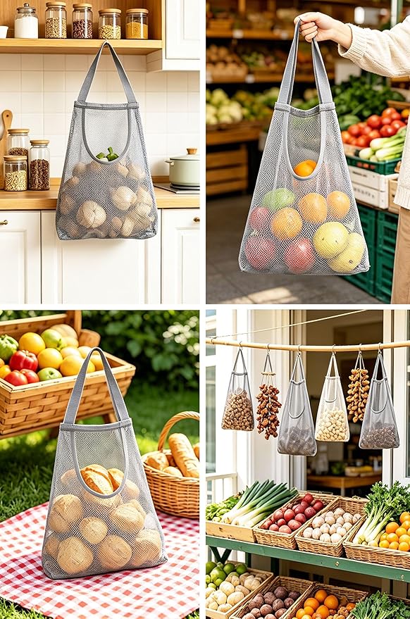 Ahyuan 5 Pack Hanging Mesh Storage Bags For Potatoes,Onions,Garlics,Vegetables Long and Large Reusable Net Storage Tote Bags for Fruit Veggies Green Pepper or Garbage Bag (Gray)