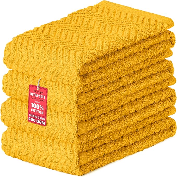 100% Cotton Kitchen Towels 15x25 in, Mustard Set (Pack of 4)