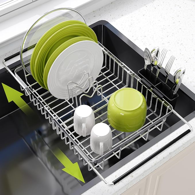 JASIWAY Expandable Dish Drying Rack Over the Sink with Utensil Holder | Stainless Steel Adjustable Dish Driainers for Small Kitchen, Counter Space Saving, Fast Drain, Rustproof, For Apartment, RV