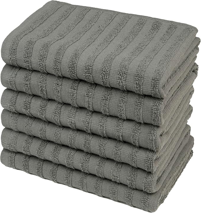 Premium Kitchen Towels 6 Pack 100% Cotton, 20"x28" - Anthracite Solid | Large 450 GSM Terry Dish Towel, Kitchen Hand Towels with Hanging Loop, Highly Absorbent for Washing and Drying Dishes