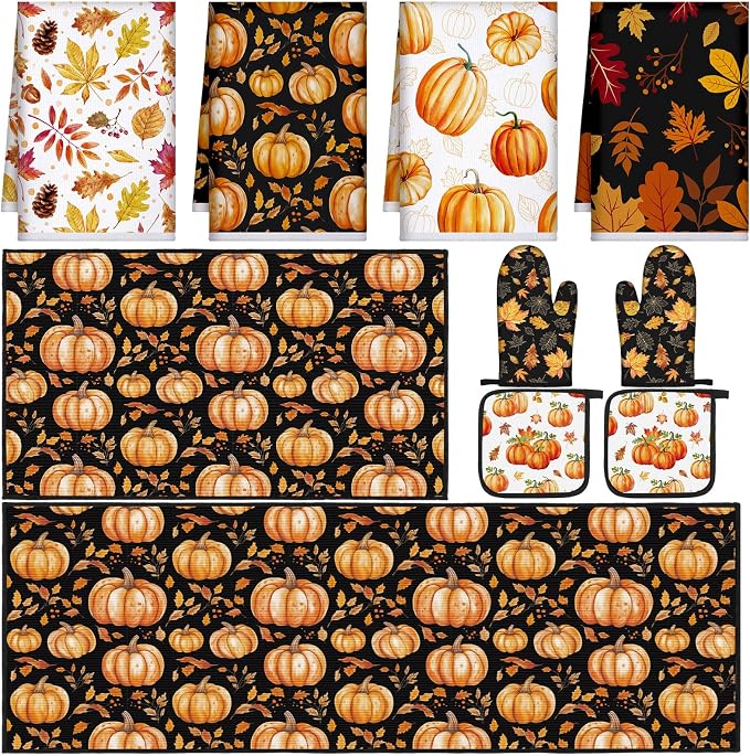 Fourluoo 10 Pcs Fall Pumpkin Kitchen Decor Set Towels Rugs Oven Mitts and Pot Holders Autumn Leaves Pumpkin Decor for Women Mom Gift Cooking Baking Grilling