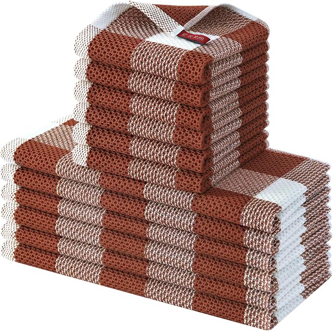 Homaxy Kitchen Towels and Dishcloths Set, Set of 12, White & Rust | Bulk Cotton Waffle Weave Check Plaid Kitchen Towels, Super Soft and Absorbent Dish Cloths, 12 x 12 and 13 x 28 Inches