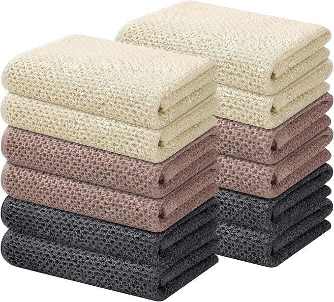 Kitinjoy 100% Cotton Waffle 12-Pack Kitchen Towels, 13" x 28", Mixed Color | Super Soft, Ultra-Absorbent, Fast Drying, lightweight, Quick Drying Kitchen Hand Towels