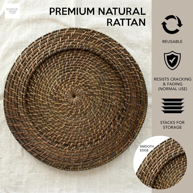 Rattan Plate Chargers, Brown, Round Woven, Set of 4 | Handwoven Natural Rattan With Warm Finish, 13x13in Round Fit For Dinner Plates, Durable Charger Set For Weddings & Banquets
