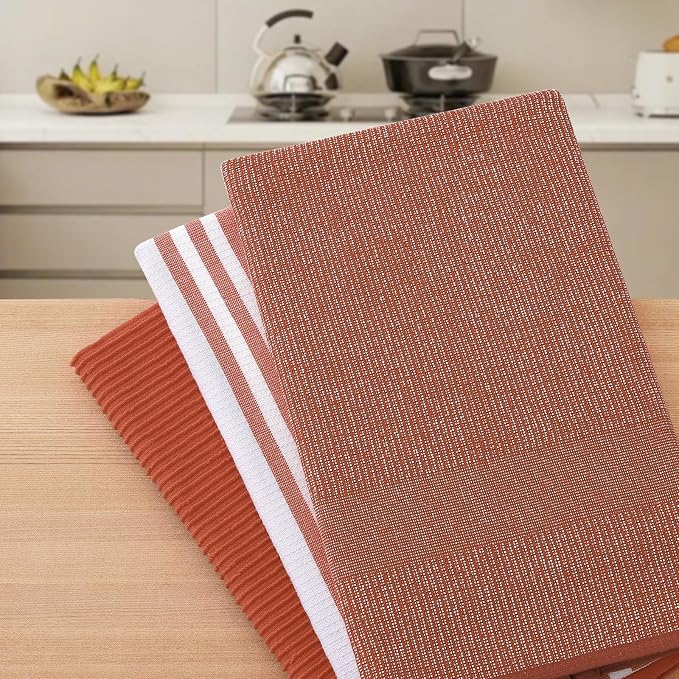 Homaxy Cotton 380 GSM Premium Kitchen Towels, 18"x 28", 6 Pack, Rust | Soft and Absorbent Terry Dish Towels, Multipurpose Tea Towel Set with Hanging Loop, 3 Styles Kitchen Hand Towels
