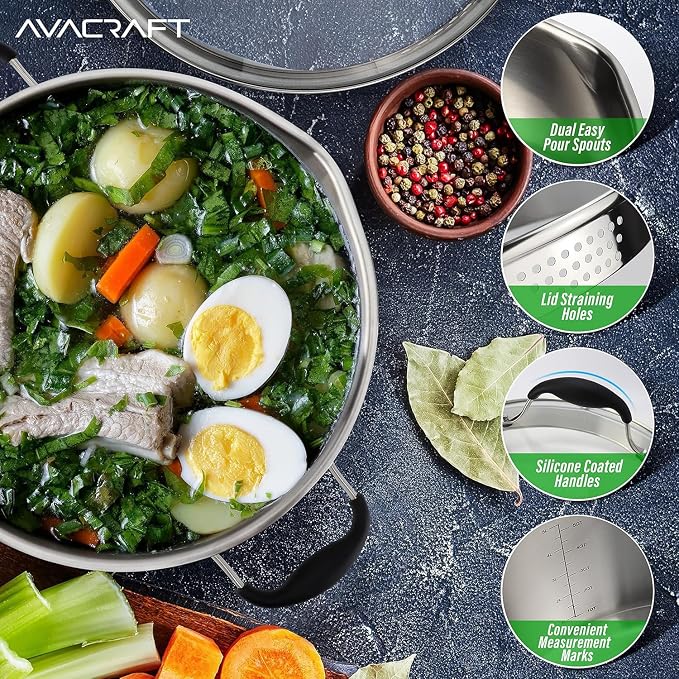 AVACRAFT 6 Quart Tri-Ply Stainless Steel Stock Pot with Glass Strainer Lid | 18/10 Stainless Steel, Full Tri-Ply Body, Dual Pour Spouts, Induction Compatible, Dishwasher Safe