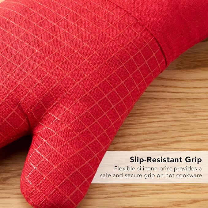KITCHENAID Gourmet Series Gridlines Oven Mitts 2-Pack Set, Heat Resistant up to 600°F, Soft Silicone Grip, Magnetic Cuff, Passion Red, 7"x14"