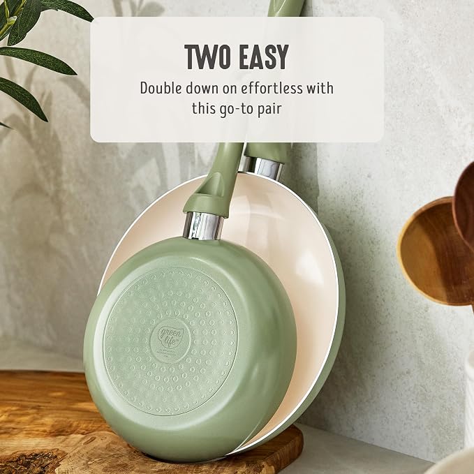 GreenLife 2 Piece (8" & 10") Ceramic Nonstick Skillet Set, Sage Green | PFAS-Free Nonstick Coating, Frying Pans, Omelet Pans, Everyday Pan, Induction Ready, All Stovetop Compatible, Dishwasher Safe