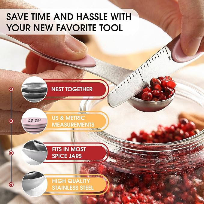 Spring Chef Stainless Steel 8 Magnetic Measuring Spoons Set, Pink Lemonade | Dual Sided Metal Teaspoon & Tablespoon Measuring Spoons with Leveler for Dry & Liquid Ingredients, Fits in Kitchen Spice Jars