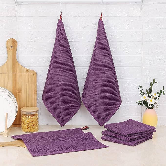 Kitinjoy 100% Cotton Kitchen Dish Cloths, 6 Pack Waffle Weave Ultra Soft Absorbent Dish Towels for Drying Dishes Quick Drying Kitchen Towels Dish Rags, 12 X 12 Inches, Violet | Ultra Absorbent, Super Soft, lightweight, Quick Drying Dish Rags for Washin...