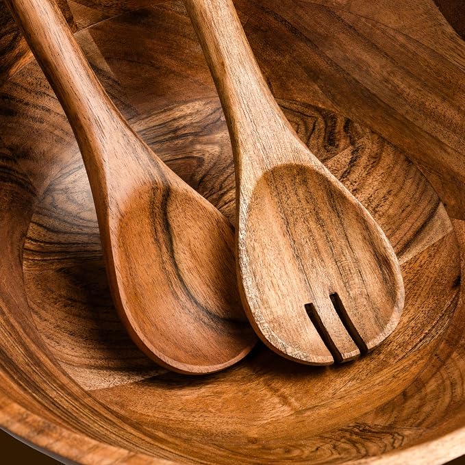 Large Wooden Salad Bowl Set 12.5 Inch with Serving Utensils, Tray Lid and Carry Strap. Acacia Wood Large Salad Bowls Ideal for Fruits and Dishes, Wooden Bowls for Food, Serving Bowl
