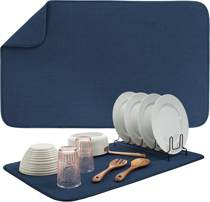 S&T INC. Dish Drying Mat, 18" x 30", Jumbo, Navy | Absorbent Microfiber, XXL Kitchen Counter Mat for Dishes, Utensils, Pots and Pans, Machine Washable