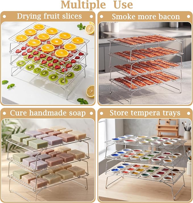 LIANYU Cooling Rack 15"x10", 3-Tier Stackable & Collapsible Cooling Racks | Stainless Steel Wire Baking Racks Fits Jelly Roll Pan, Great for Cooking, Baking, Roasting, Grilling, Oven & Dishwasher Safe