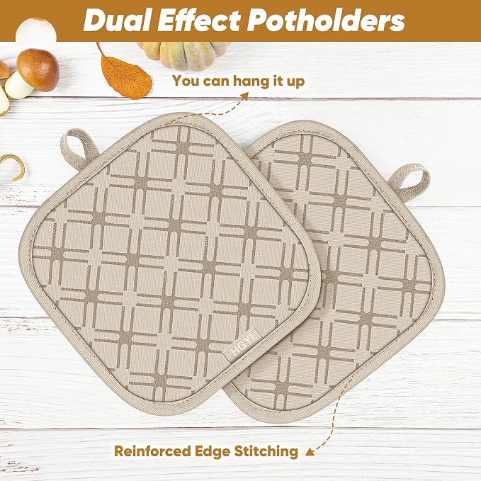 Oven Mitts and Pot Holders Set with Dishcloths, 500 Degree Heat Resistant Oven Gloves and Hot Pads, Premium Soft Cotton Kitchen Mittens and Dish Cloth Sets-Beige