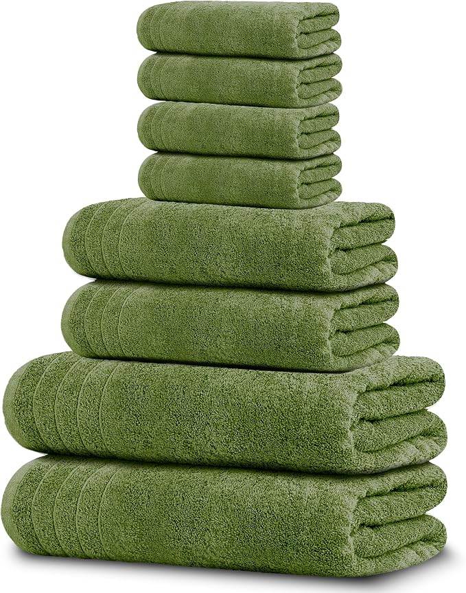 8 Piece Towel Set, 2 XL Bath, 2 Hand, 4 Washcloth, Green | 100% Cotton, Lighter Weight, Quicker to Dry, Super Absorbent, Perfect for Bathroom
