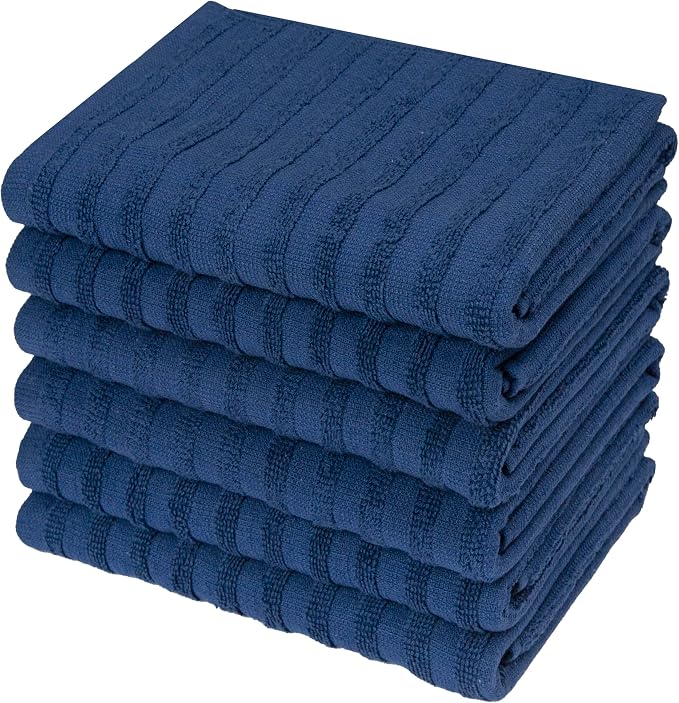 Premium Kitchen Towels 6 Pack 100% Cotton, 20"x28" - Blue Solid | Large 450 GSM Terry Dish Towel, Kitchen Hand Towels with Hanging Loop, Highly Absorbent for Washing and Drying Dishes