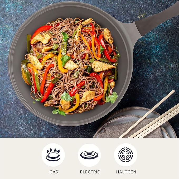 Neoflam Eela 12'' Non Stick Chef's Wok with Glass Lid, Stir Fry Pan and POFA-Free Ceramic Coating for Cooking Saute Vegetables, Meat, Fish, 12 inch, Ivory (Handle assemble required)