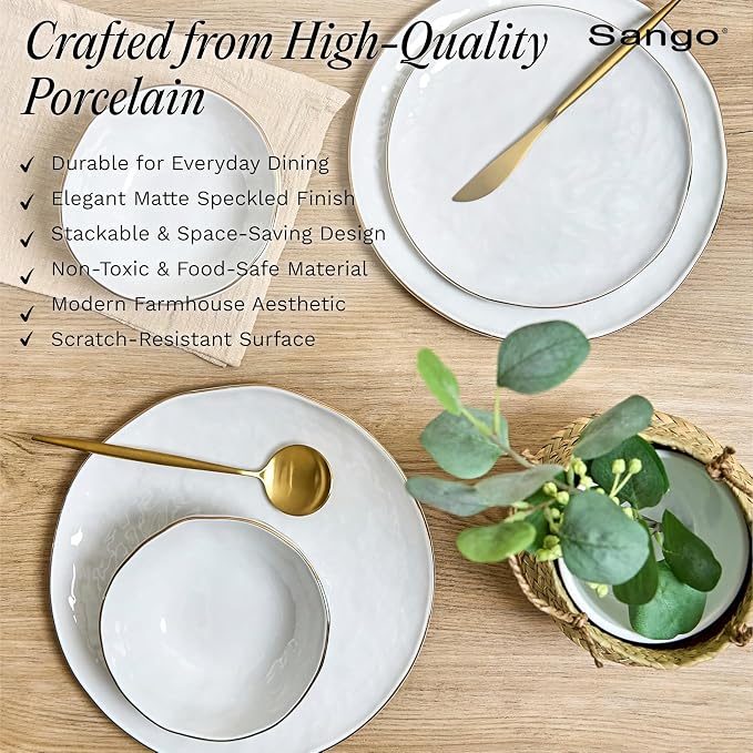 Sango 12-Piece Lightweight Porcelain Dinnerware Set for 4, Glossy Vanilla White Plates and Bowls Sets, Gold Rims, Farmhouse Ceramic Dish Set, Rustic Dishes, Microwave and Dishwasher Safe, Gansevoort
