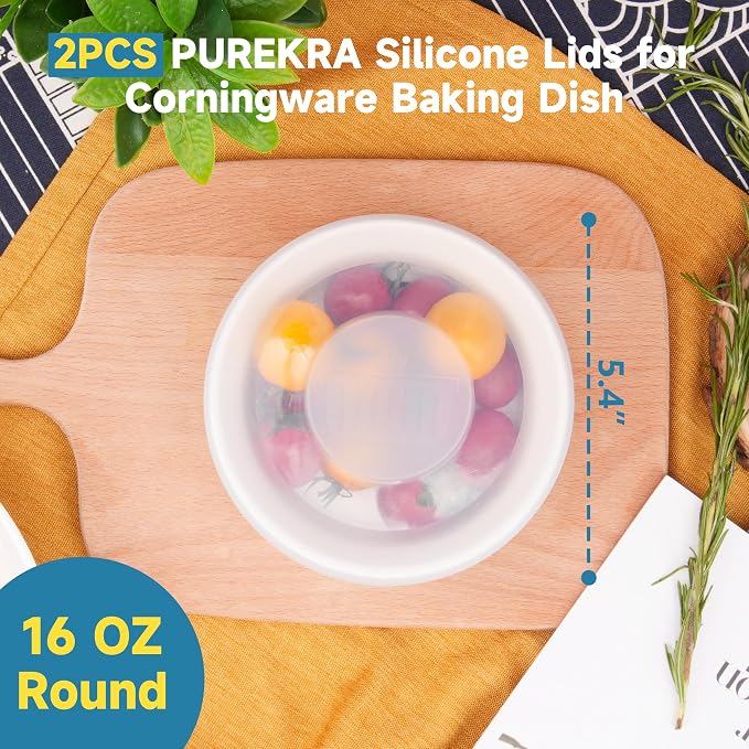 Silicone Lids for CorningWare 16 Ounce Round Dish, 2 Pack Reusable Covers for CorningWare F-16-PC French White Baking Dish (Dishes not Included) Dishwasher & Microwave & Freezer Safe